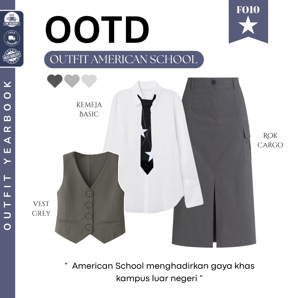 American School Yearbook Outfit (Vest + Kemeja Basic + Rok Cargo) OOTD Yearbook American School- FO1