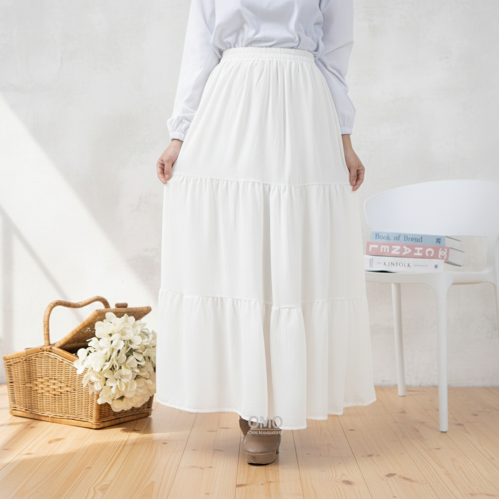 Rok Korean Skirt Susun Putih Wanita Panjang Korea Style - OMO