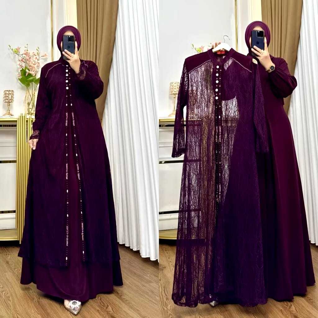 Violla Dress Wanita Plus Outer Bahan Ceruti Mix Brokat Payet Mewah / Gamis Wanita Baby Doll Pesta Ko