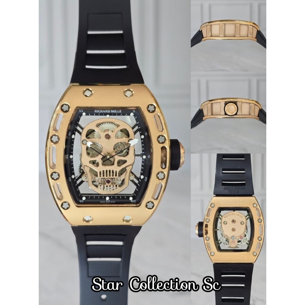 JAM TANGAN RM052 SKULL AUTOMATIC SWISS DIAL ROSEGOLD 42MM