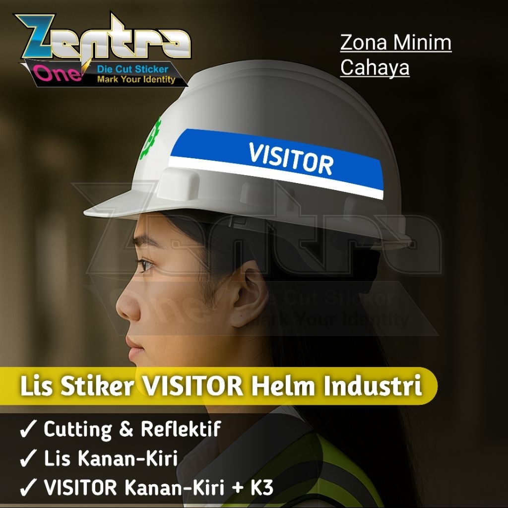 Stiker Helm Visitor 1 Set – Lis Striping + Tulisan Visitor Kanan Kiri / Helm Proyek / Tamu K3