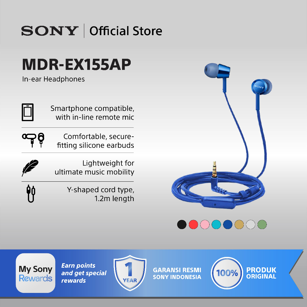 Earphone Sony MDR-EX155AP Wire Headset With Microphone - Blue SONY Earphone Original