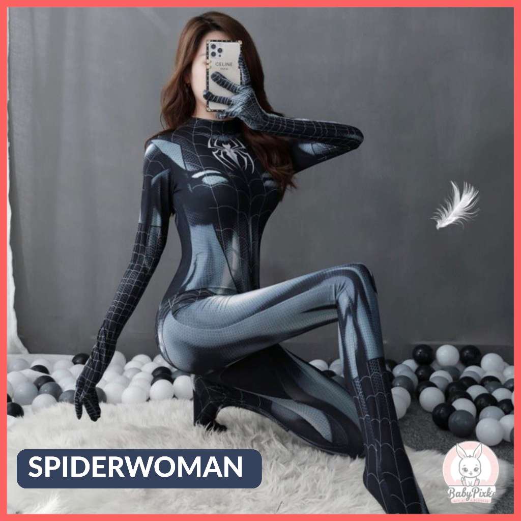 Cosplay Halloween Spiderwoman Bodysuit Wanita Kostum Spiderman Hitam Playsuits Jumpsuit Spiderman