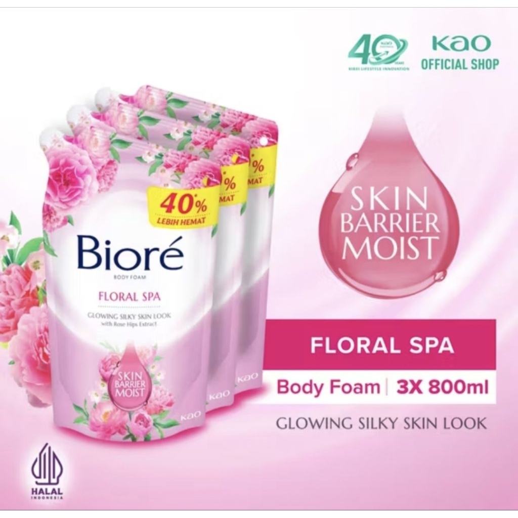 Biore Sabun Mandi Cair Body Foam Mineral Floral Spa Pouch 800ml Triple pack - Body Wash Lebih Hemat 