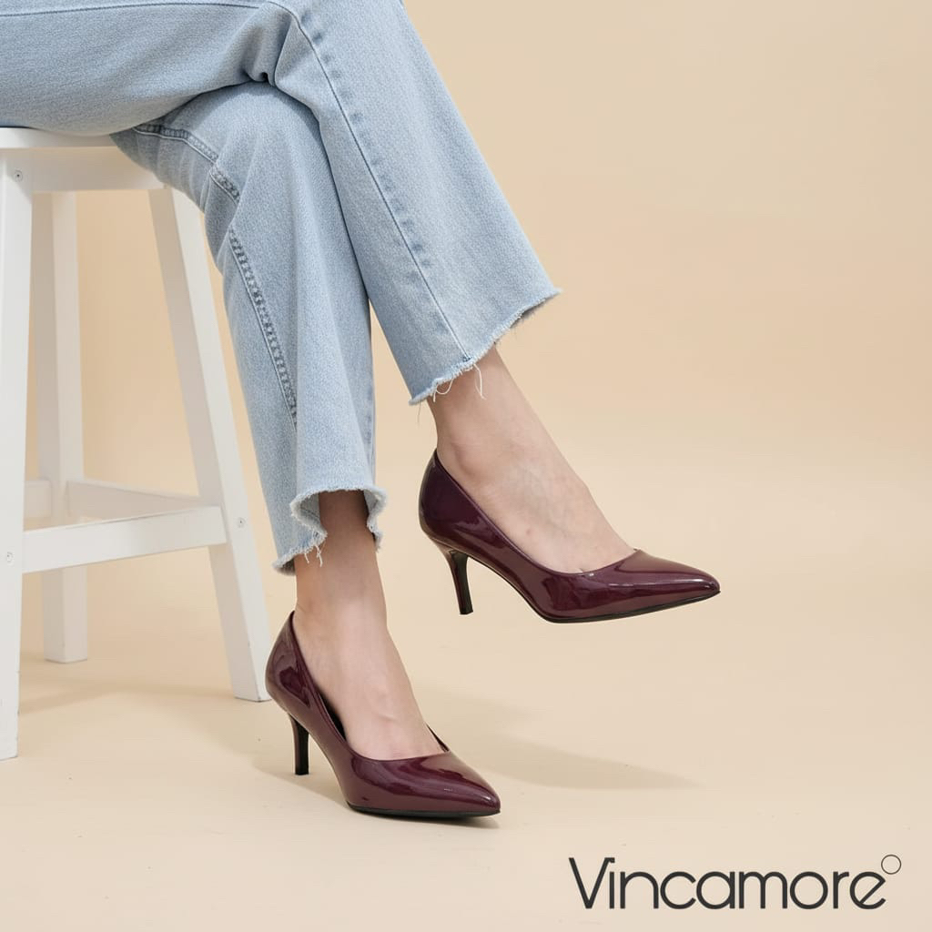 VINCAMORE Sepatu High Heels Wanita Freya Lancip Tertutup Simple Terbaru Polos Hak 7cm Size 35-40
