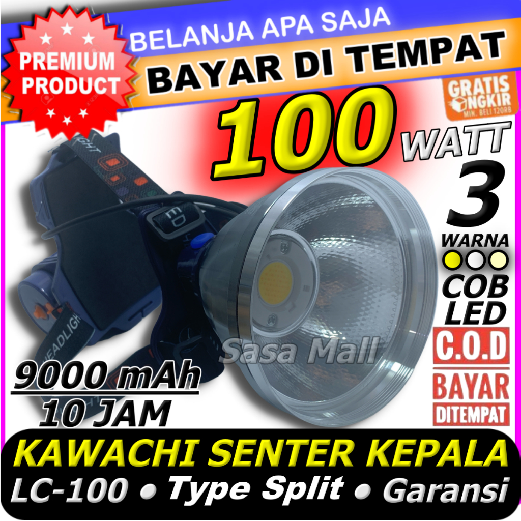 Senter Kepala 100watt Kawachi LC-100 Original COB LED Super Terang 3 Cahaya Kuning Putih SOS WaterPr