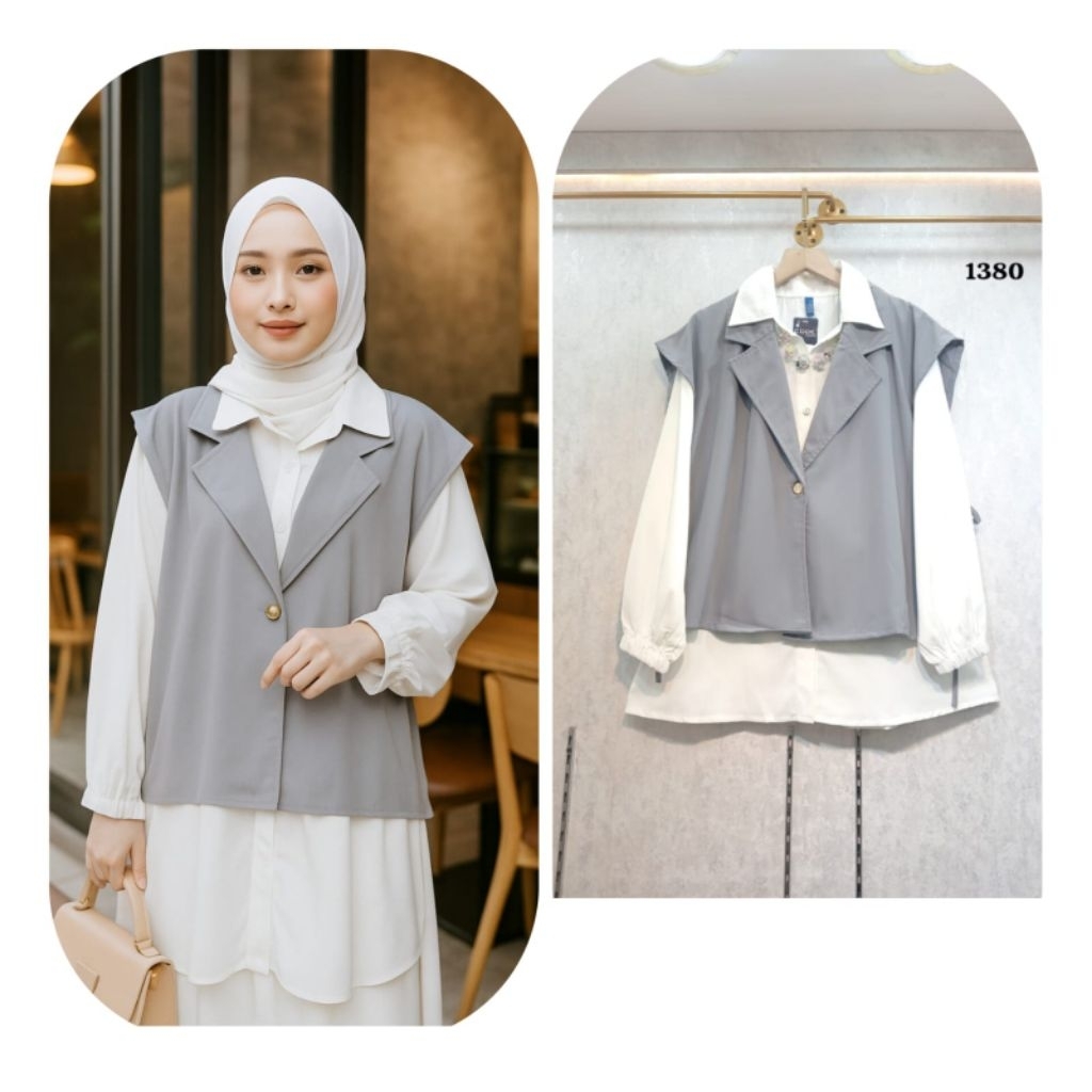 hilya Kemeja Outer Layer Kombinasi Putih Wanita – Blouse Lengan Panjang Modis & Elegan (kemeja+outer