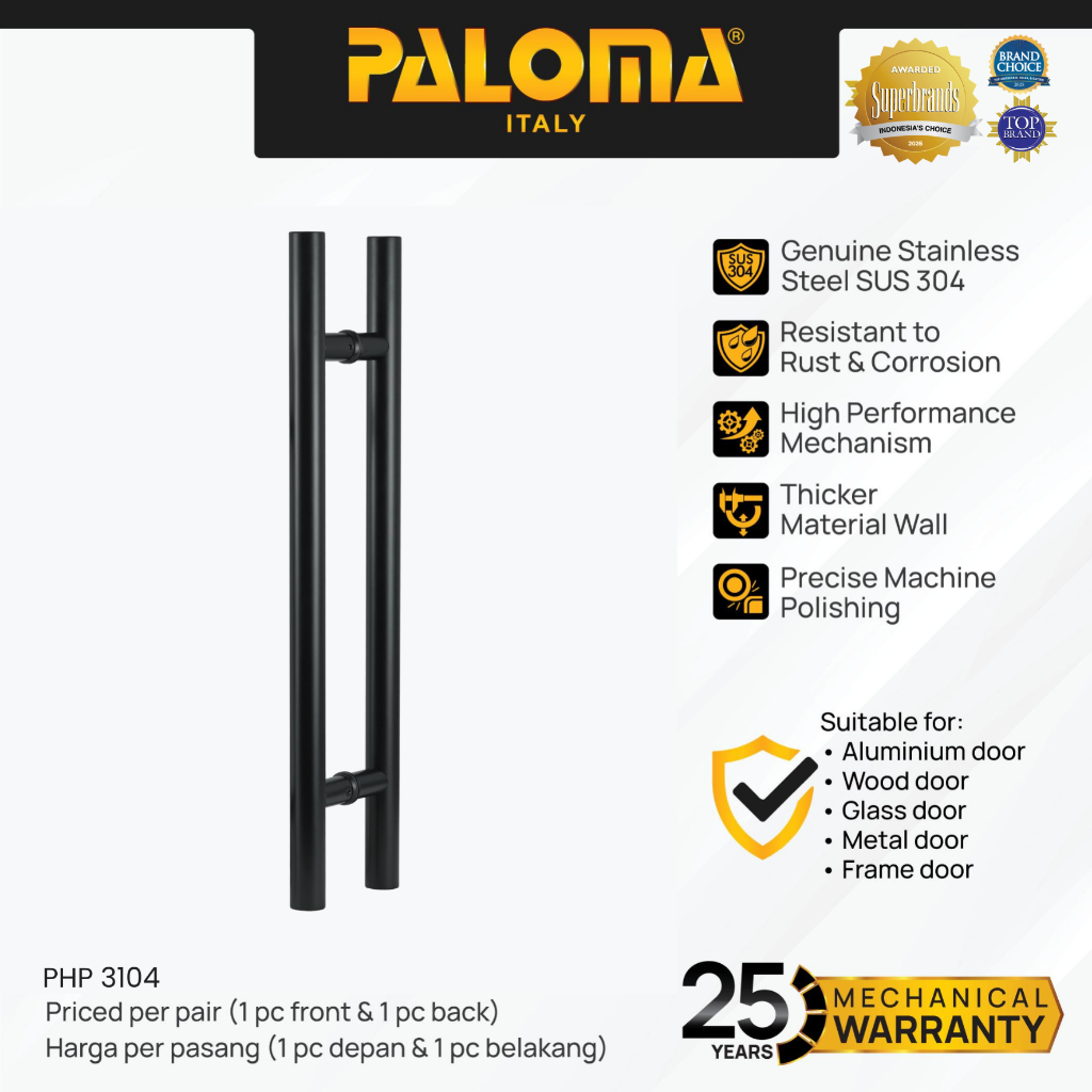 PALOMA PHP 3104 Gagang Tarikan Pintu Door Pull Handle Stainless Steel SUS 304 SUS304 Black Hitam