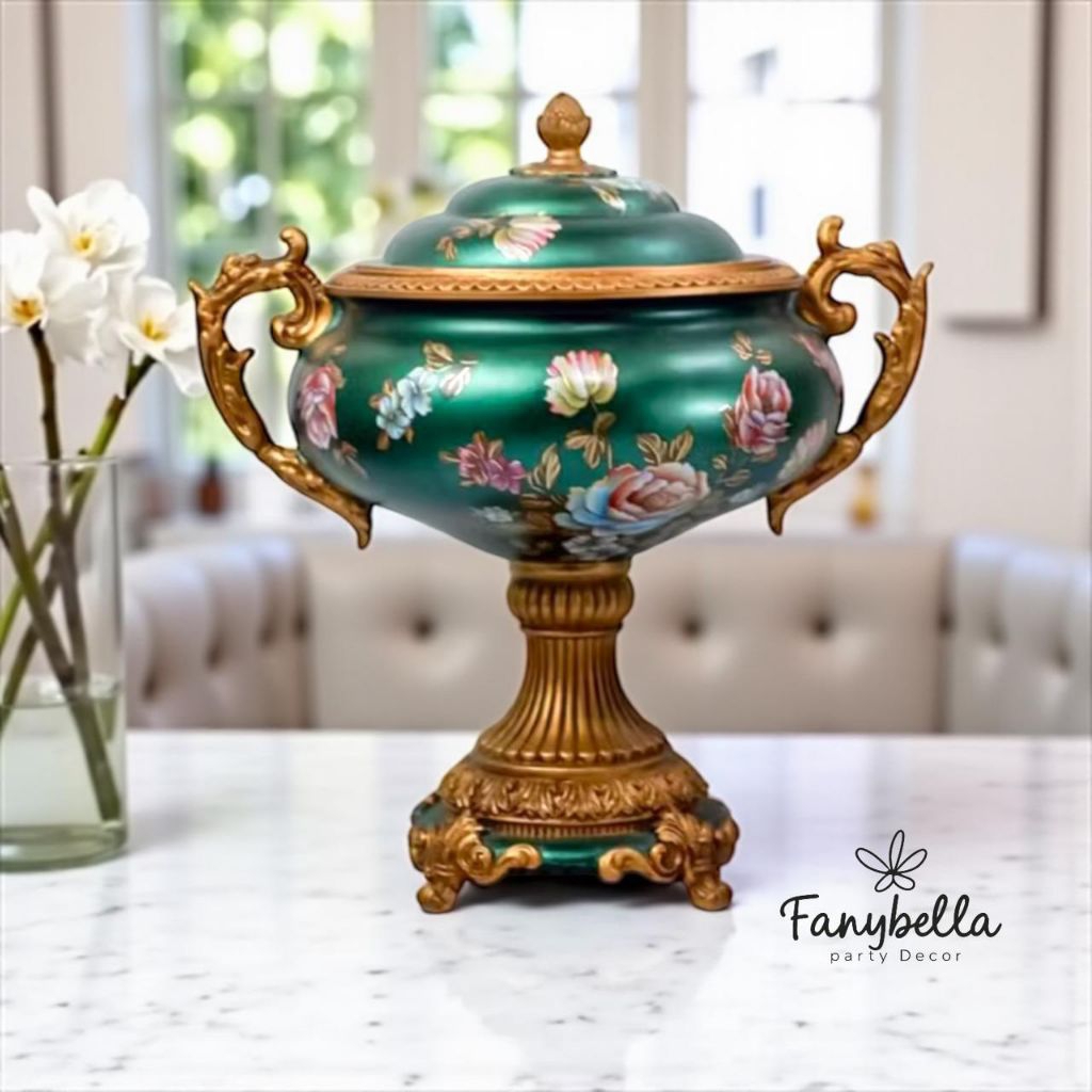 Pajangan Meja Set Toples Vas Bunga Keramik Klasik Antik Guci Hijau Biru Emas Motif Bunga Porselen De