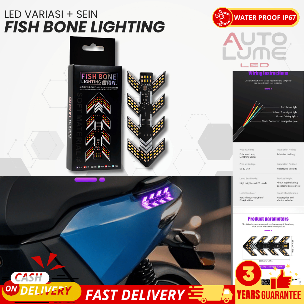 Autolume Lampu Sein Variasi LED Motor FISH BONE -  Untuk Sein, Rem & Aksen Motor, Cahaya Bergerak SP