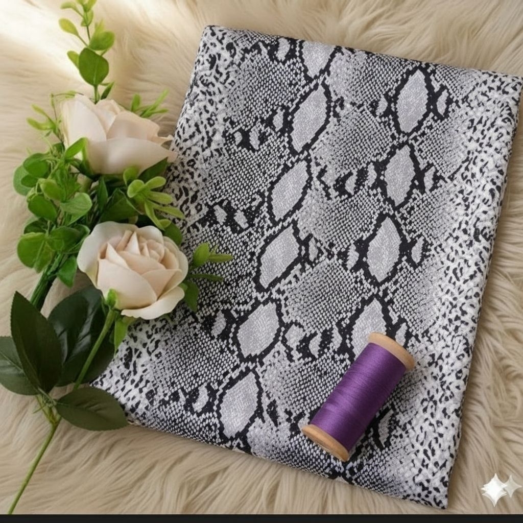 Kain Satin Silk Motif Ular Abu – Kain Halus Mengkilap untuk Dress, Gamis, Hijab, dan Blouse Kyt