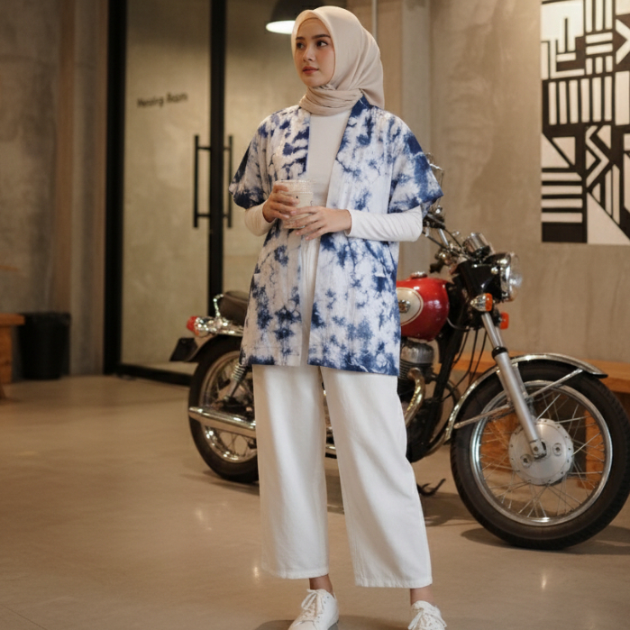Kaja Shibori - Outer Wanita Lengan Pendek Shibori Linen Navy (Kayana Outer)