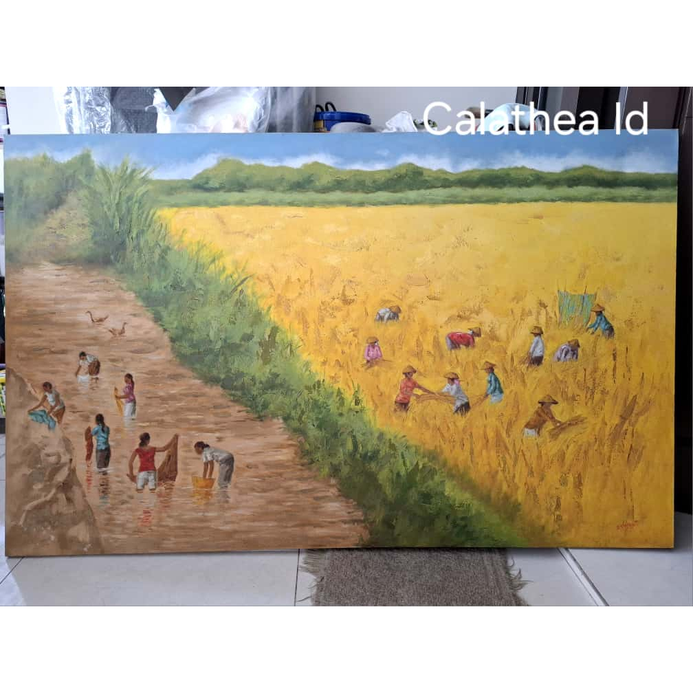 Lukisan Realis Cat Minyak Panen/ Dekorasi Dinding Rumah Kamar Resto Kafe Hotel Lukisan Sawah