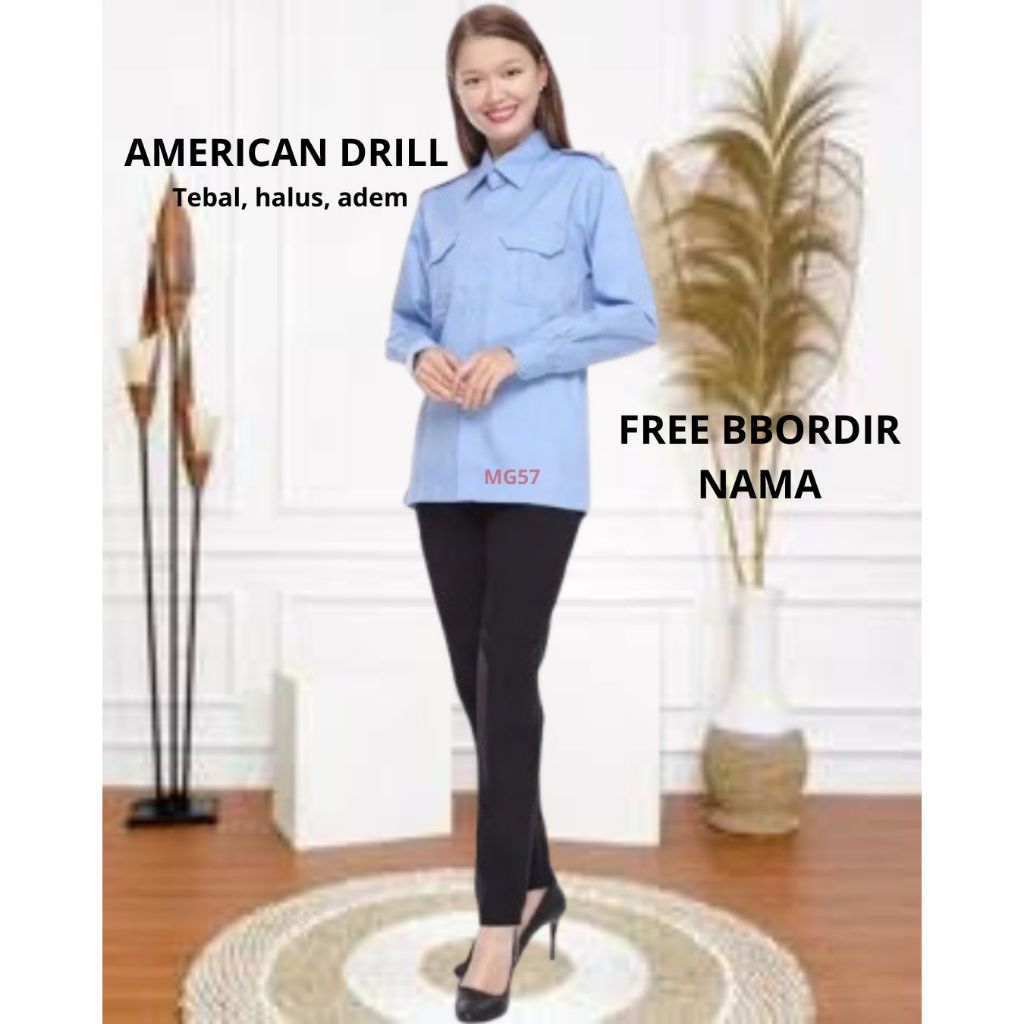 Baju pdh wanita biru muda slimfit lengan panjang