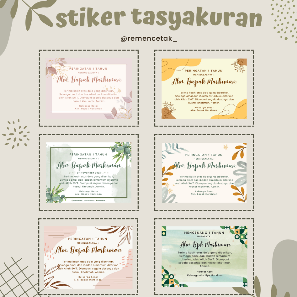 KARTU UCAPAN / STICKER MENGENANG 40 HARI/ 100 HARI/ 1000 HARI TAHLIL