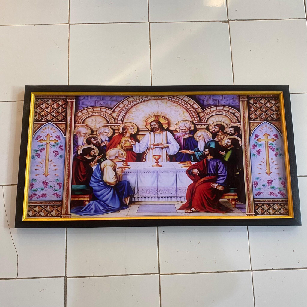 hiasan dinding gambar Yesus perjamuan kudus dibait Allah plus bingkai uk 100x50cm