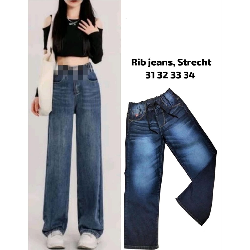Celana Jeans Panjang Wanita Rip Jeans Loose Pant Pinggang Karet Korean Style Warna Stone Blue Size 3