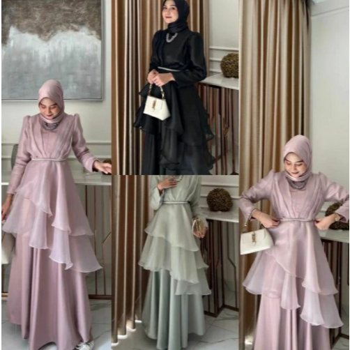 Auriele Dress Gamis Muslim Wanita Pesta Kondangan Bridesmaid Wisuda Satin Velvet Organza / Gaun Mewa