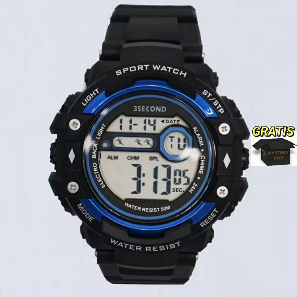 3Second Original Jam Tangan Pria Sport Watch Digital Chronograph Hitam-Biru 1 7 0 5 2 2 (Gratis Myst