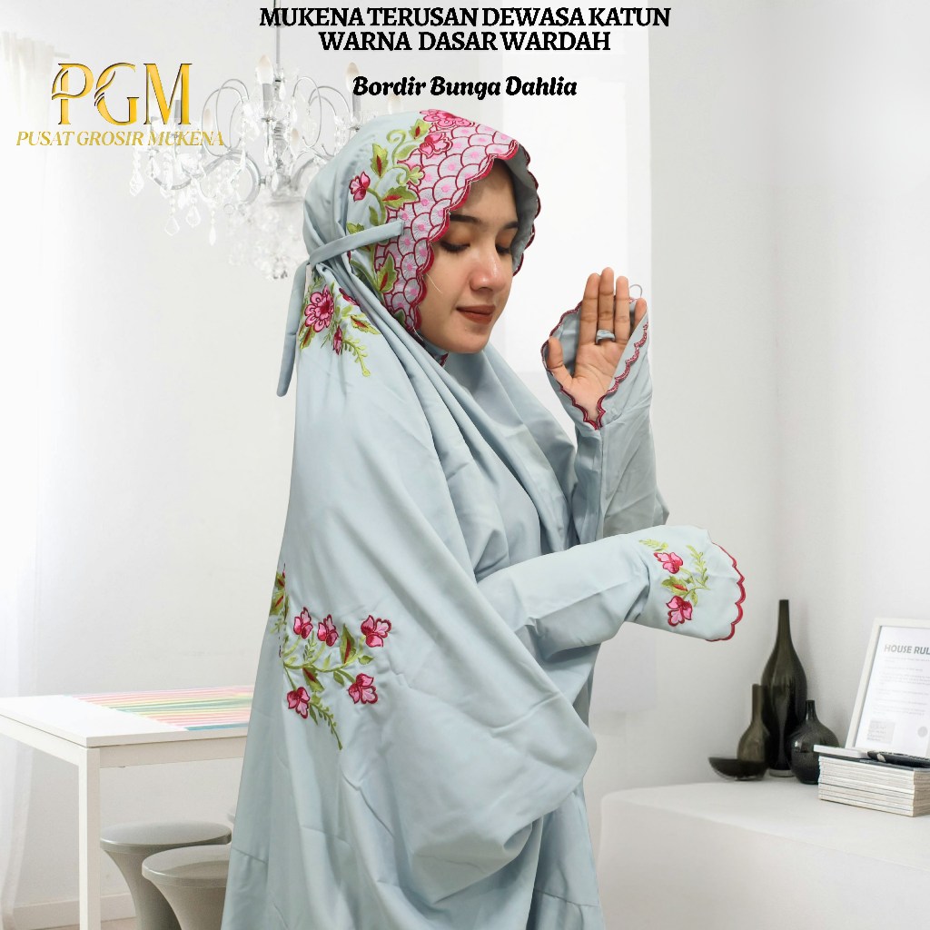 Mukena Terusan Dewasa Bahan Katun Polino Warna Biru Wardah Bordir Bunga Dahlia Menawan