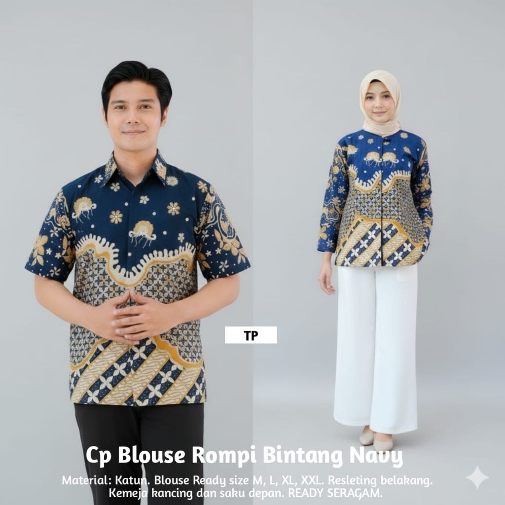 COUPLE BLUS BATIK ROMPI BINTANG NAVY ATASAN BATIK SERAGAM BATIK