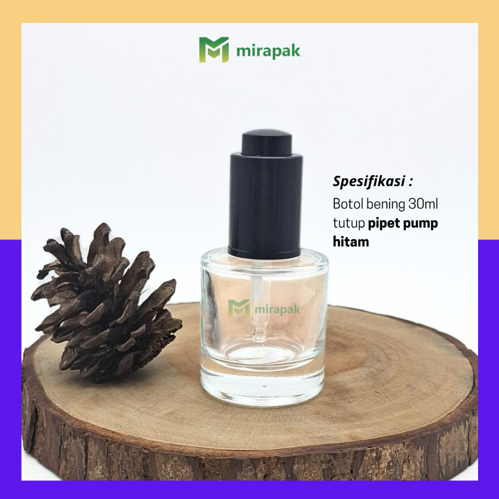 BOTOL PIPET SERUM 30ML BENING BAHU BULAT CLEAR - PIPET PUMP HITAM / KLIK / PIPET PENCETAN - SET KACA