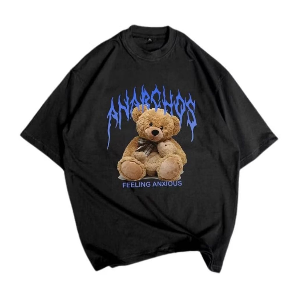 kaos oversize wanita gambar teddy bear hitam