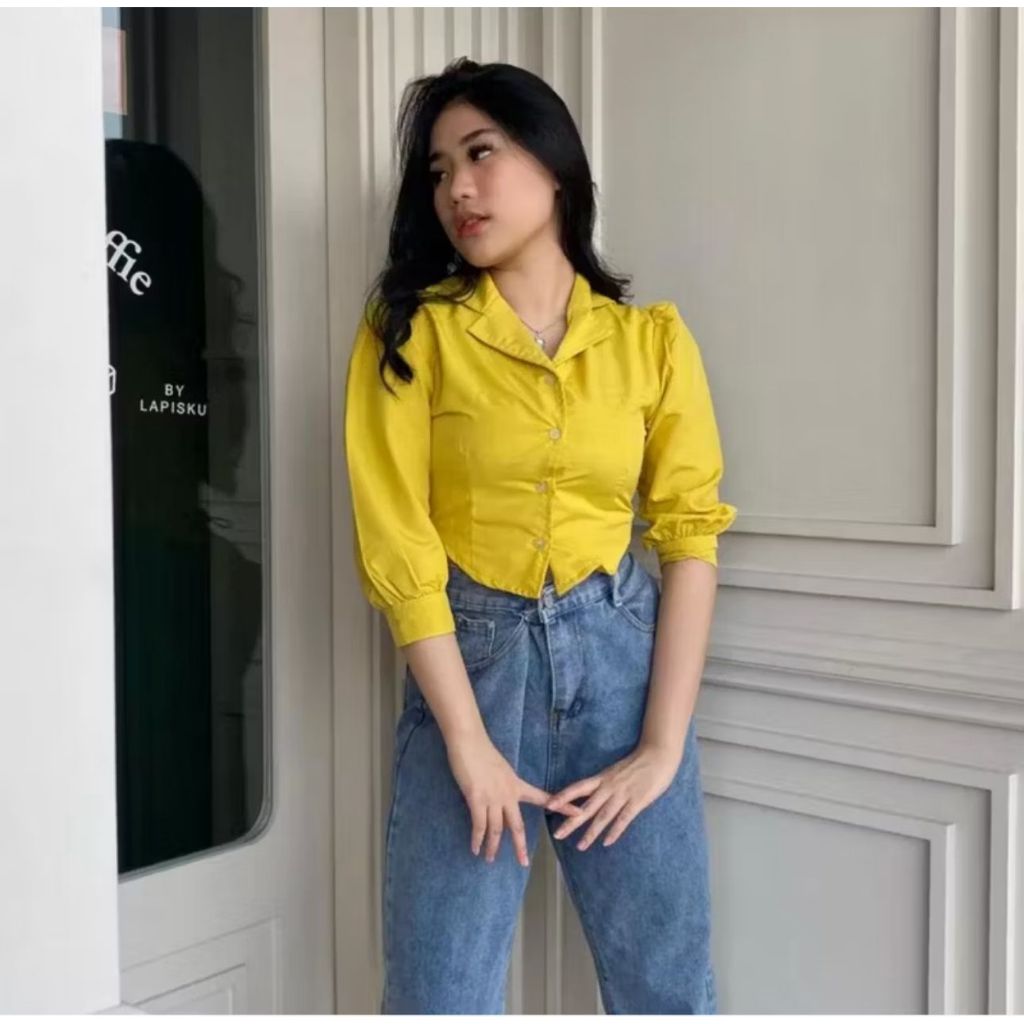 ATASAN CROP POLOS PUFF CHIA LENGAN PANJANG / KEMEJA LENGAN PUFF WANITA