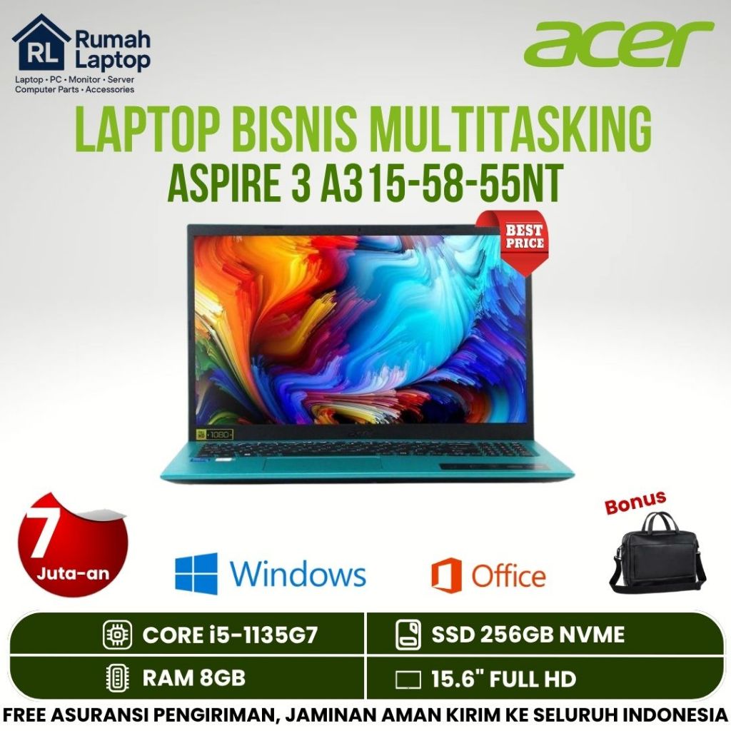 BARU Laptop Acer Aspire 3 A315-58-55nt Core I5-1135g7 Ram 8Gb Ssd 256Gb Layar 15.6" Full Hd Blue