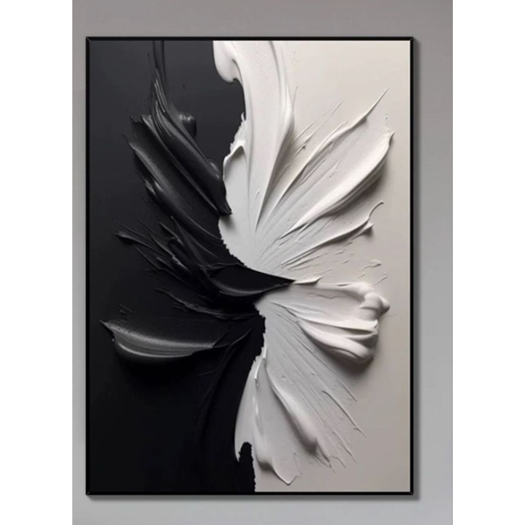 Lukisan dinding lukisan bunga abstrak hitam putih 3D bertekstur