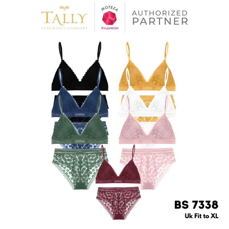 TALLY BH 7338 Bra Set Wanita Busa Tipis Tanpa Kawat Bahan Brokat CUP A - B Kait 2 Bra Transparan Lem