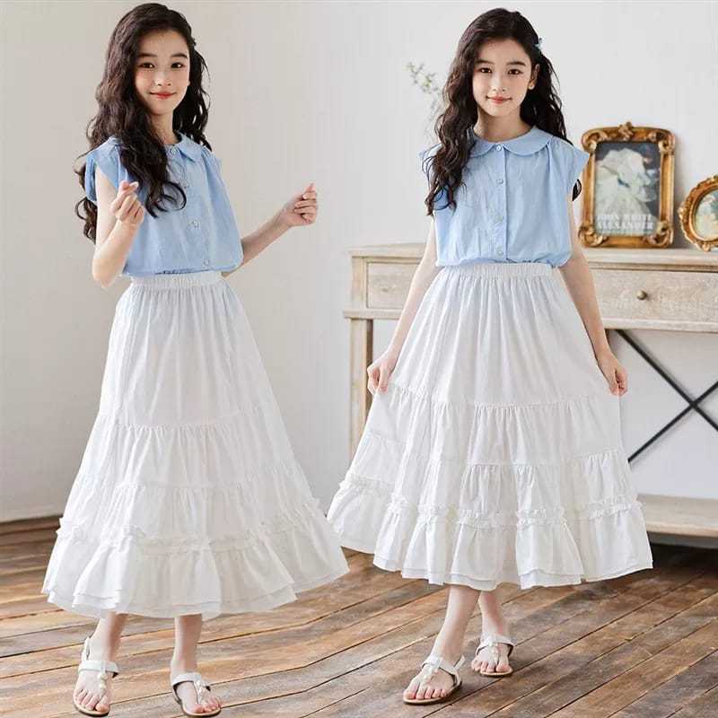 Lunna Korea Skirt Anak Perempuan 3-15Y Putih Ruffle Dress Bagus Model Skirt Bahan Polo Linen Warna P