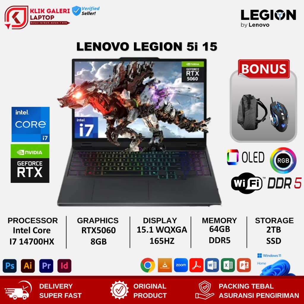 Lenovo Legion 5i 15 Intel I7 14700HX 16GB DDR5 1TB RTX5060-8GB 15.1 WQXGA OLED 165HZ RGB WIN 11 HOME