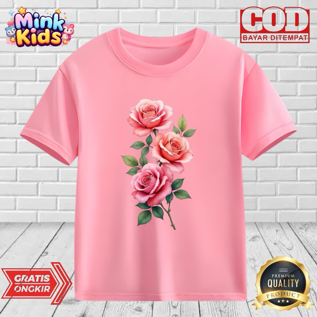 KAOS ANAK MOTIF BUNGA MAWAR USIA 2-9 TAHUN