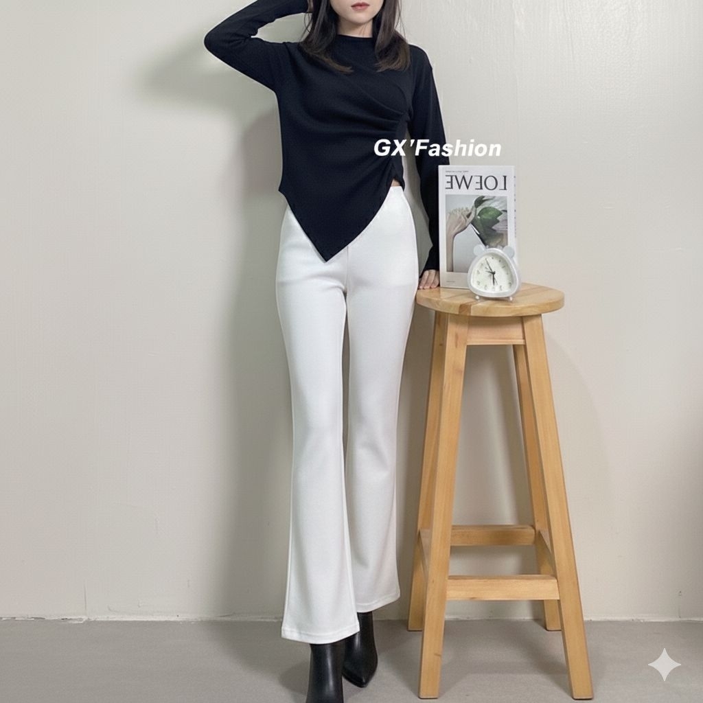 Setelan atasan knit crop top lengan panjang dan celana cutbray Scuba higwists panjang