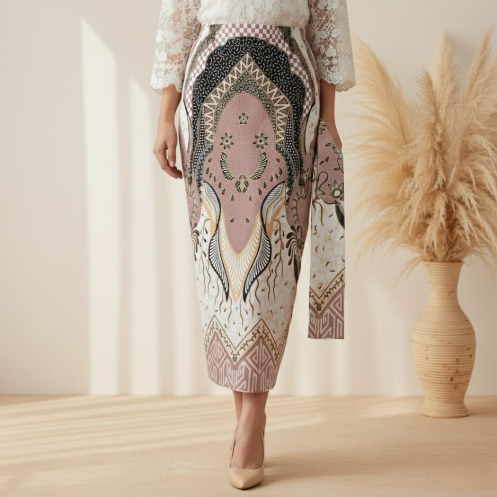 Batik Papaku Rok Span Batik FURING FREE Selendang Warna Pink Salem Katun Prima
