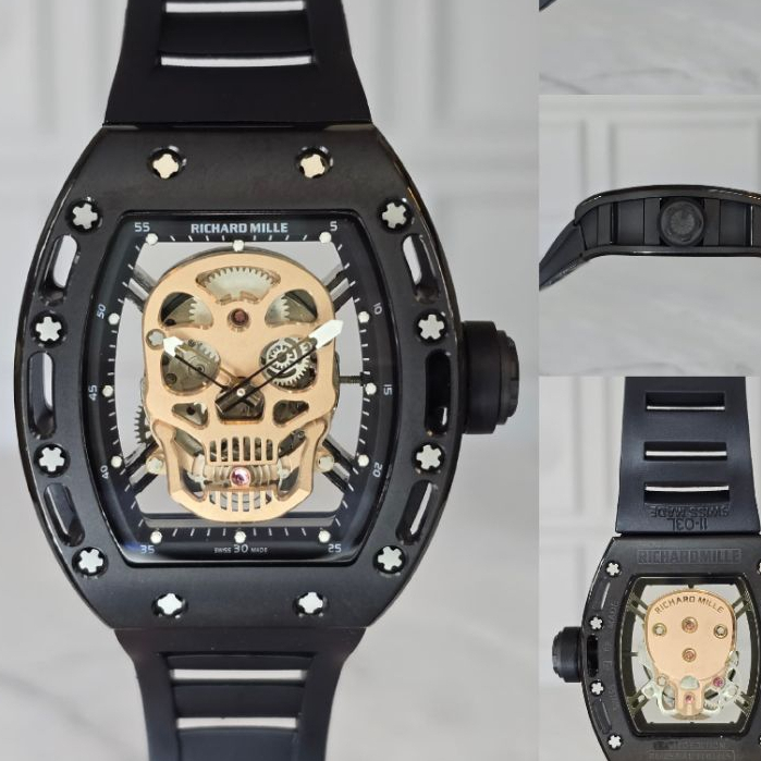 Jam tangan Pria Richard Mille Hitam Gold RM 052 Skull Swiss Automatic