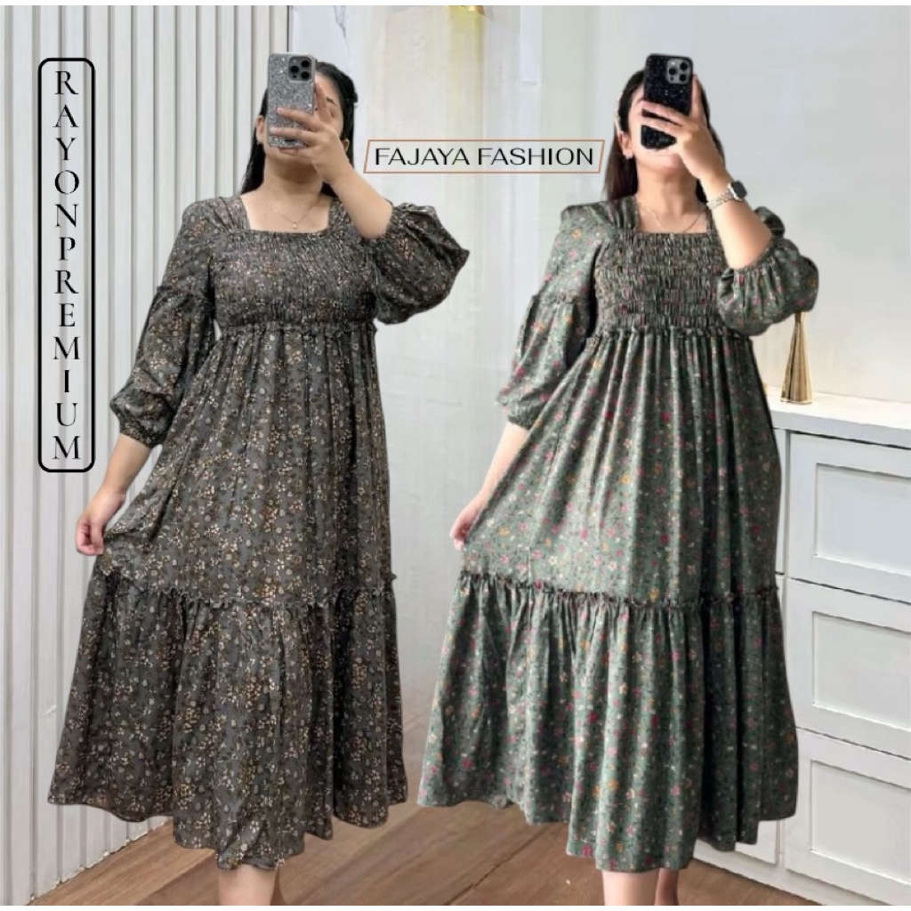 Sabrina Dress Wanita Rayon Jumbo Kekinian Smoke Motif Bunga