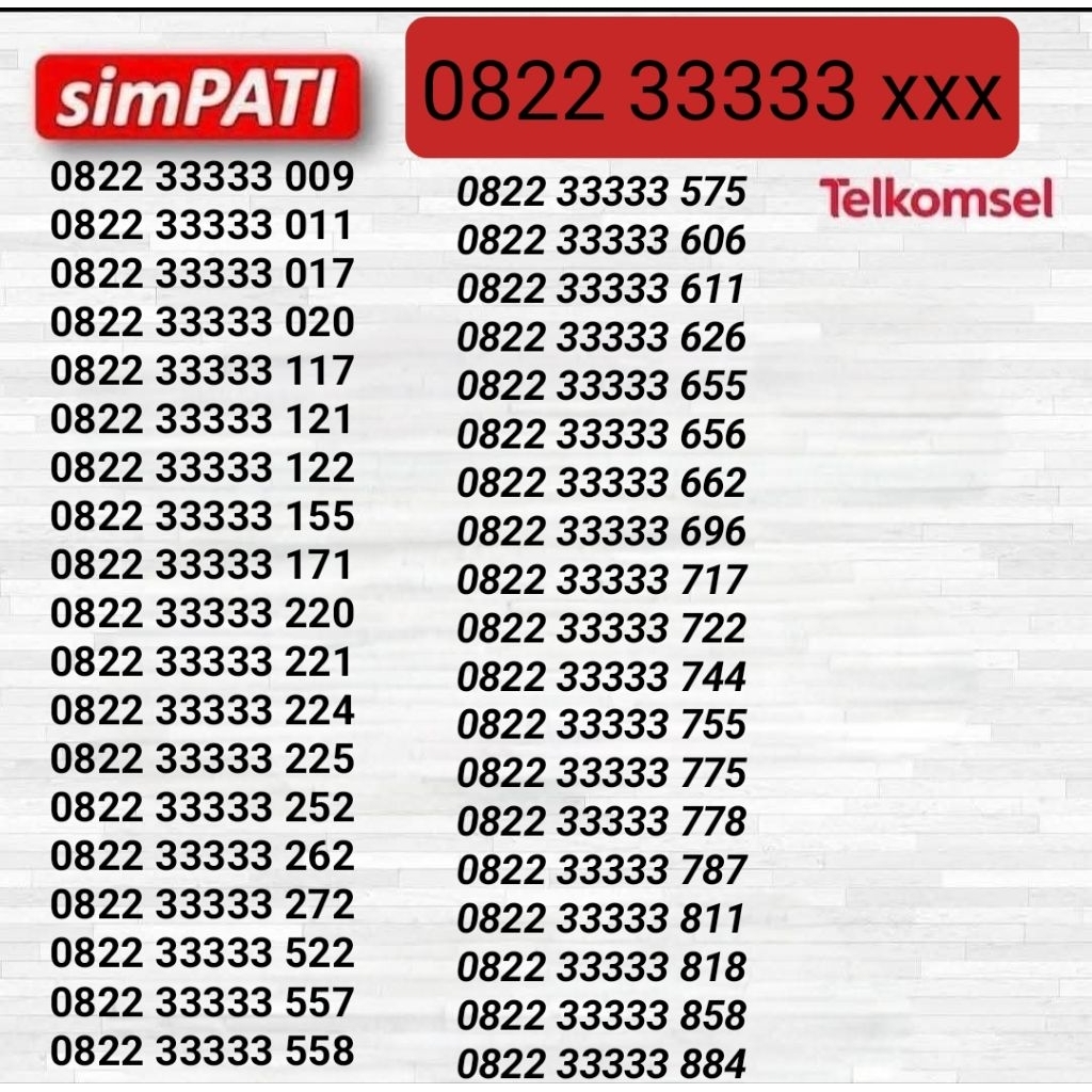 NOMOR CANTIK TELKOMSEL 0822 33333 xxx KARTU PERDANA TELKOMSEL - NOMOR CANTIK SIMPATI - KARTU CANTIK 