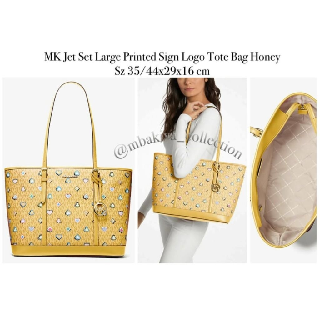 MK Jet Set Large Printed Sign Logo Tote Bag Honey