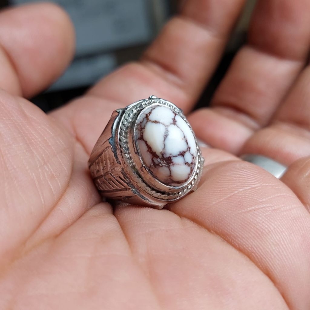 Cincin batu pirus putih asli original urat merah hitam ceplok kuro dim kantoran / pirus persia urat 