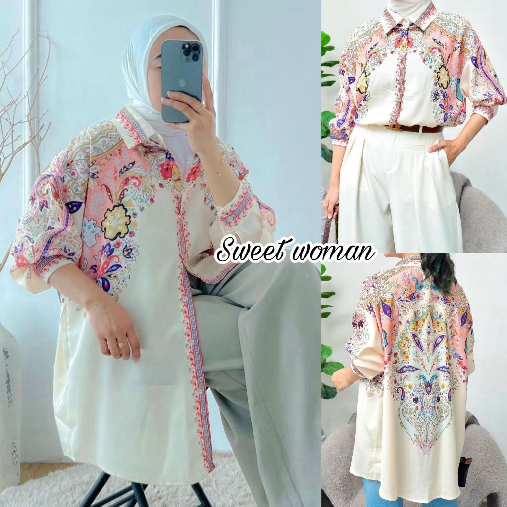 Sweet woman - kemeja satin silk motif bunga elegant