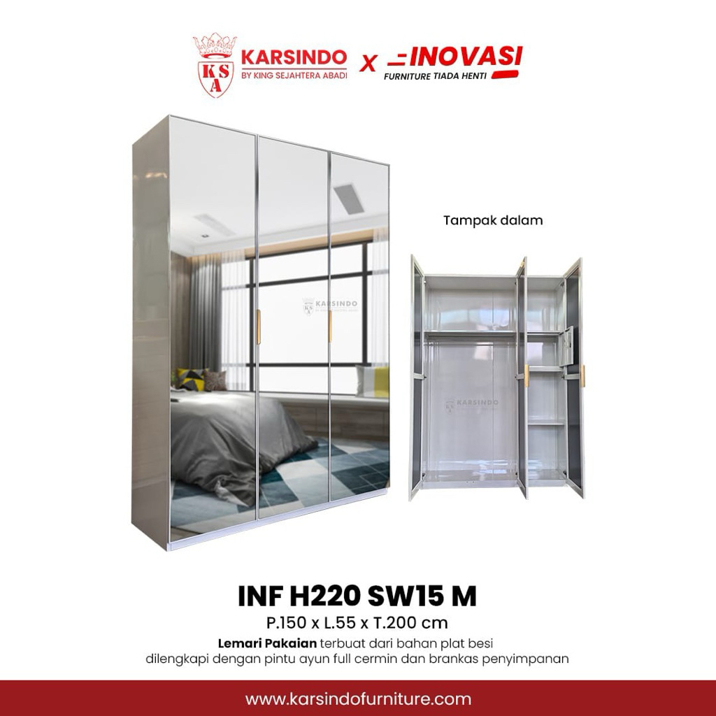 Lemari Pakaian Plat Besi 3 Pintu Jumbo Full Pintu Cermin