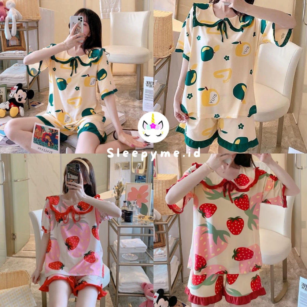 [PREMIUM] Sleepy Me Piyama Baju Tidur Rumah Cewek Import Korea Kerah Rumbai Celana Pendek