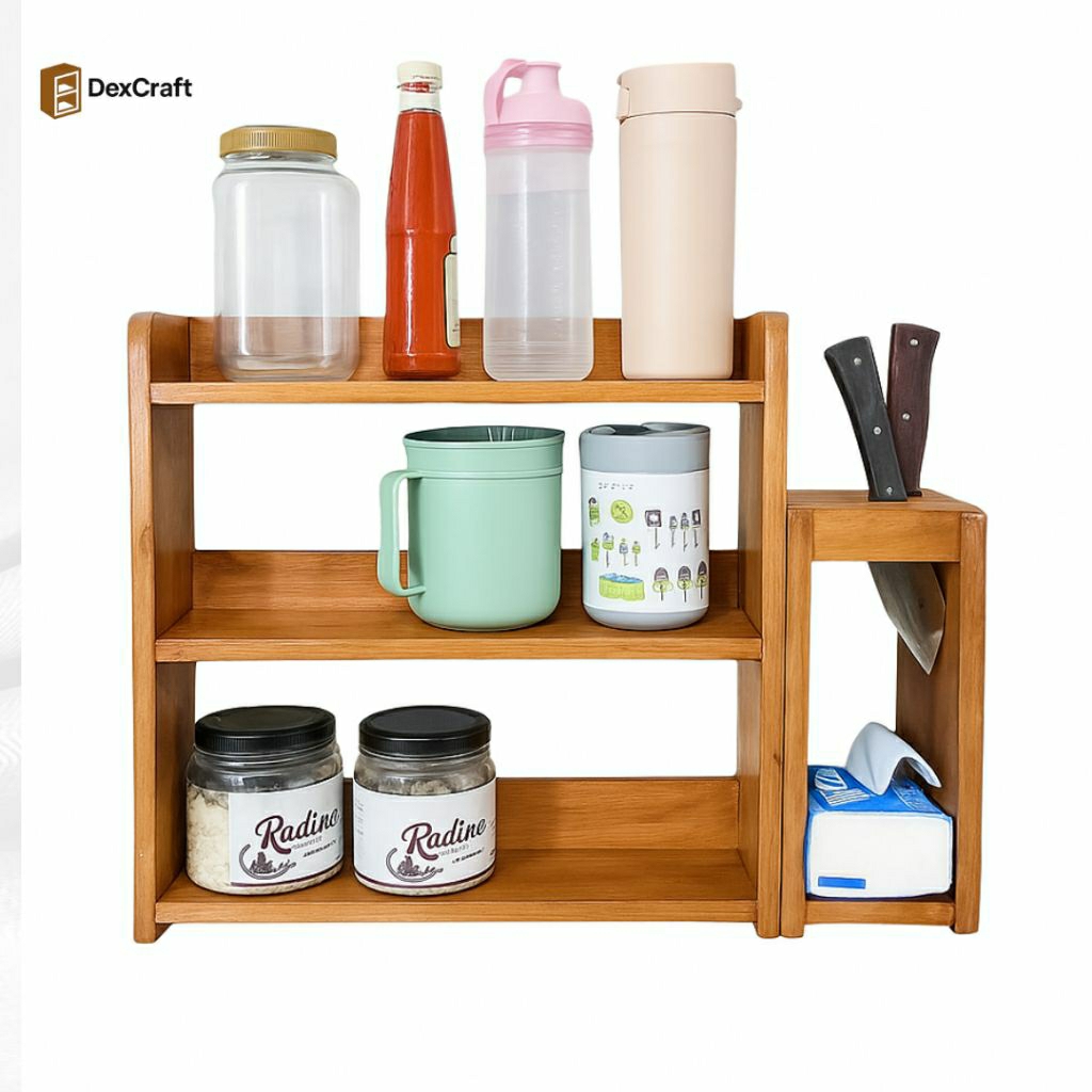 PAKET RAK KAYU  SUSUN 3 / rak kayu/rak bumbu dapur /bonus  tempat pisau