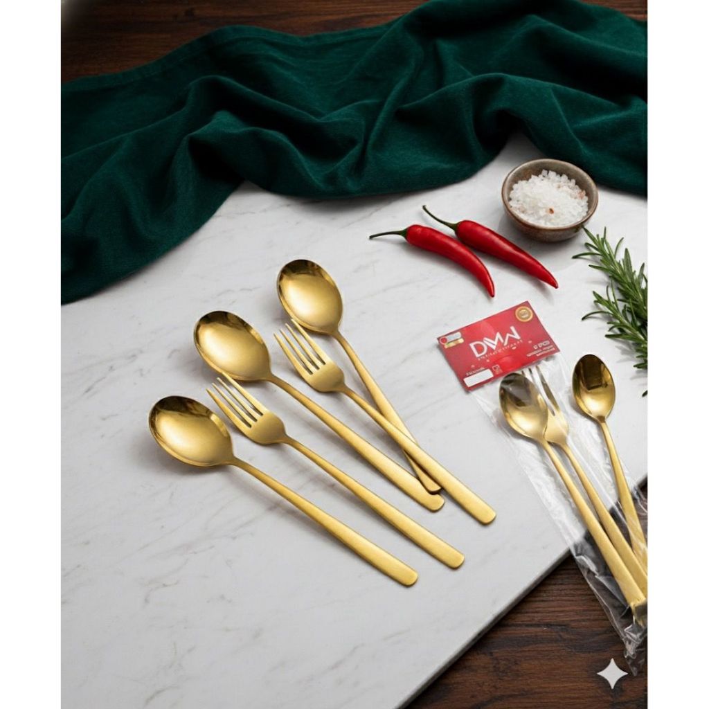 Sendok Garpu Makan Stainless Tebal Isi 6 pcs Warna Emas Golden Premium