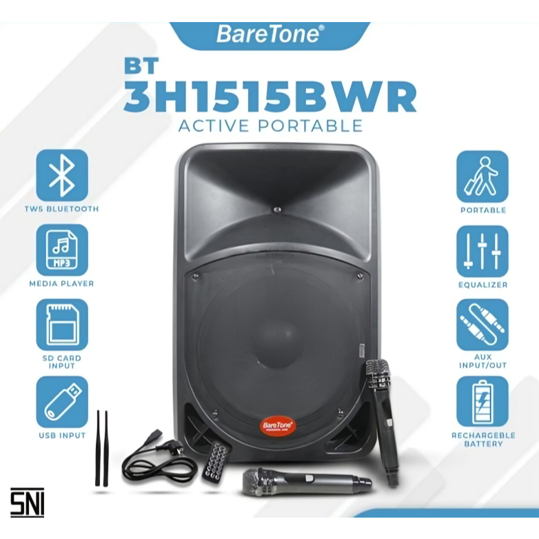 Speaker Aktif Portable Baretone 15 Inch BT3H1515BWR/Baretone Karaoke Bluetooth 15" BT 3H1515 BWR