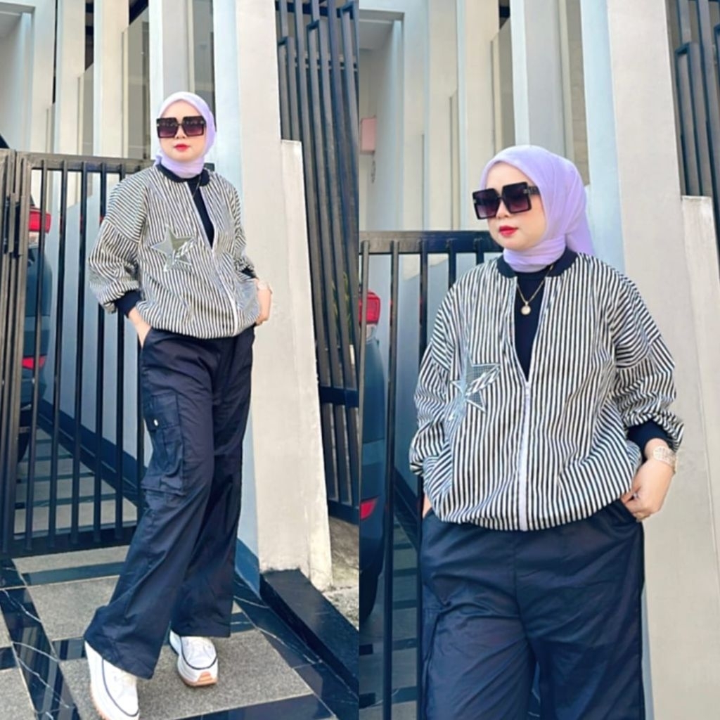 One set jaket salur Nadine hitam model celana cargo by Calistha