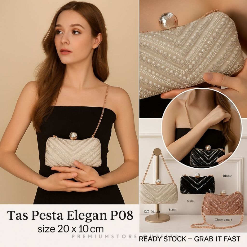 Tas Pesta Mewah Import Elegan P08 – Tas Clutch Wanita Premium Berlian Mutiara + Free Box & Sling Ran