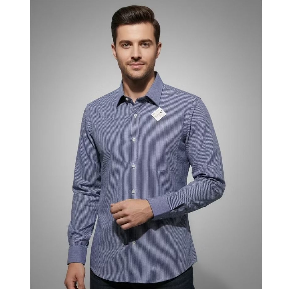 Kemeja Pria Alisan Slim Fit Size L – Lengan Panjang Garis Biru